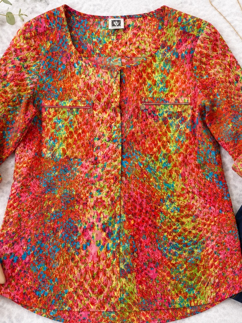 Anne Klein Abstract Floral Roll Arm Blouse Top Pink Blue Green Medium